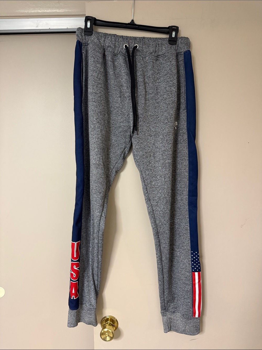Grey Jogger Sweatpants with Navy Side Panels and USA Flag Detail